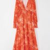 Women's Orange Boho Floral Bishop Sleeve V Neck Tiered Maxi Dress - Image 3