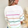 Women's White Colorblock Striped Half Sleeve Drop Shoulder Sweater - Image 3