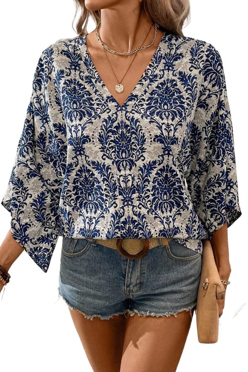 Women's Blue Vintage Floral Quarter Sleeve V Neck Blouse