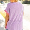 Women's Plus Size Rose Red Leopard Colorblock Patchwork Corded Knit T-Shirt - Image 2