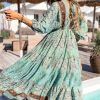 Women's Green Boho Floral Print Lace-up Open Back High Waist Maxi Dress - Image 3