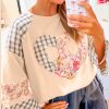 Women's Beige Plaid Floral Peace Heart Graphic Long Sleeve Top - Image 4