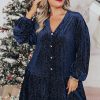 Women's Navy Blue Plus Size Textured Velvet Tiered V Neck Dress - Image 11