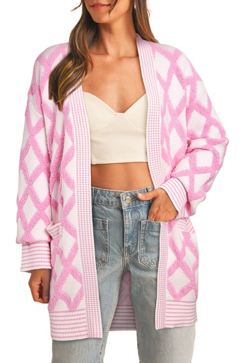 Women's Pink Rhombus Pattern Knit Open Front Cardigan with Pockets