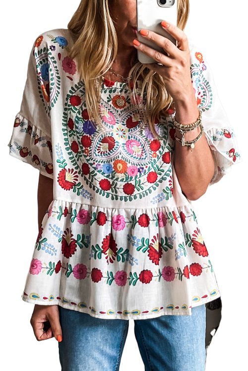 Women's White Boho Floral Print Ruffle Trim Blouse - Short Sleeve Round Neck