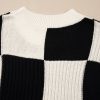 Women's Black Checkered Color Block Crew Neck Short Sleeve Sweater - Image 8