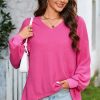 Women's Bright Pink Waffle Knit V Neck Long Sleeve Blouse - Image 8