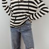 Women's White Stripe V Neck Pocketed Drawstring Hooded Sweater - Cozy Casual Style - Image 3