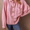 Women's Pink Ribbed Knit Collared Henley Top with Chest Pocket - Image 2