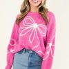 Women's Bright Pink Corded Flower Bow Casual Sweater with Puffed Sleeves - Image 3