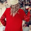 Women's Racing Red Merry Graphic Christmas Turtleneck Sweater with Sequin Sleeves - Image 3