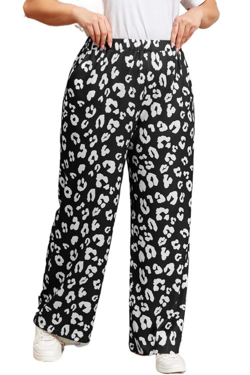 Women's Plus Size Leopard Print Wide Leg Pants with Pockets