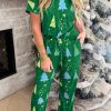 Women's Green Christmas Tree Print V Neck Tee and Pants Lounge Set - Image 3