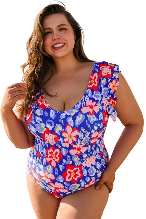 Chic Blue Floral Print Ruffled V Neck High Waist One Piece Swimwear for Women