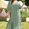 Plus Size Green Geometric Floral Print Maxi Dress with Half Sleeves - Image 3