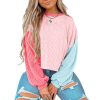 Trendy Women's Pink Corded Colorblock Patchwork Long Sleeve Top - Image 2