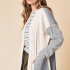 Women's Black Stripe Colorblock Patchwork Open Front Cardigan with Pockets - Image 2