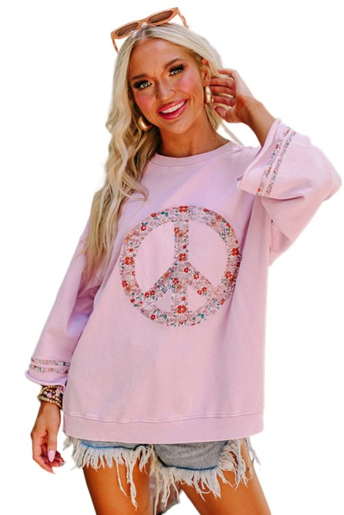 Women's Light Pink Floral Peace Sign Graphic Drop Shoulder Casual Top