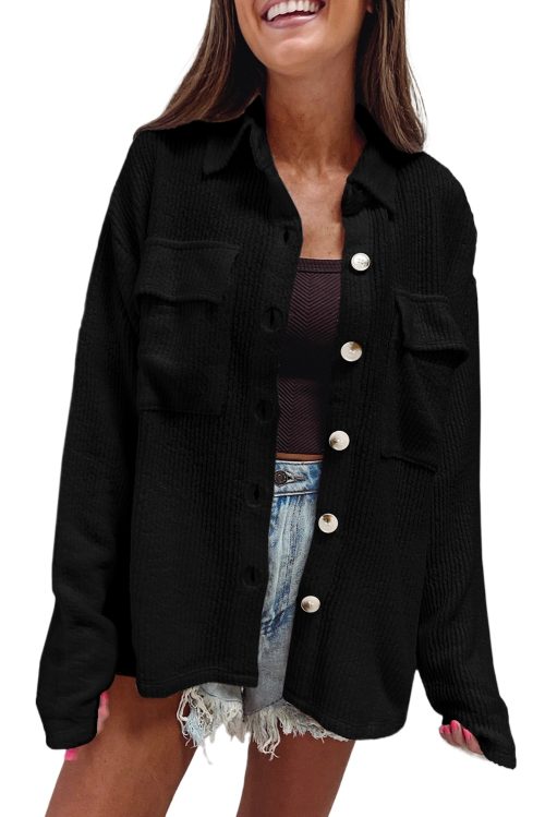 Women's Black Corduroy Long Sleeve Buttoned Shacket