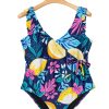 Women's Plus Size Blue Printed V Neck Wrap Knot Ruffled One Piece Swimwear - Image 27