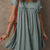 Women's Mist Green Frilled Gathered Seam Round Neck T-Shirt Dress with Pockets - Image 3