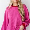 Women's Bright Pink Corded Contrast Edge Drop Shoulder Long Sleeve Top - Image 6