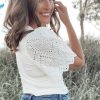 Women's White Eyelet Pattern Short Sleeve Ribbed Top - Trendy Patchwork Design - Image 2