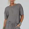 Women's Gray Solid Color Waffle Knit T-Shirt and Shorts Set - Casual Chic Two Piece Outfit - Image 3