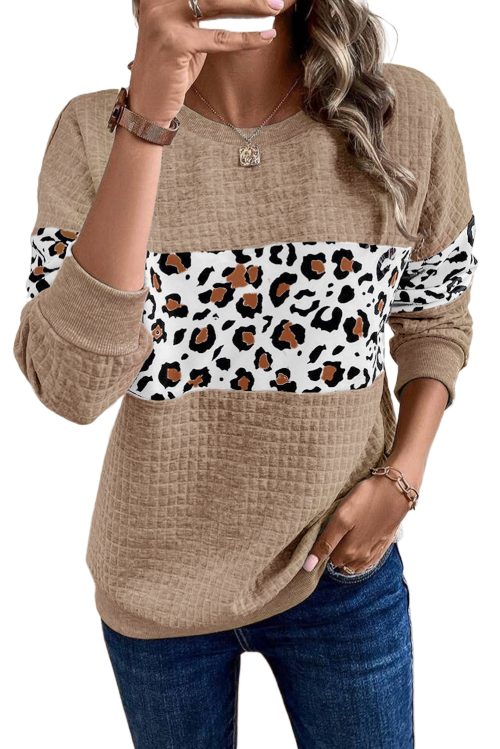 Women's Parchment Leopard Quilted Patchwork Crew Neck Sweatshirt - Cozy and Chic Casual Wear