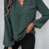 Women's Elegant Green Geometric Print Puff Sleeve Blouse with Notched Neck - Image 3