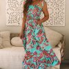 Women's Green Abstract Print Smocked Bodice Knotted Straps Ruffled Maxi Dress - Elegant Bohemian Style - Image 6