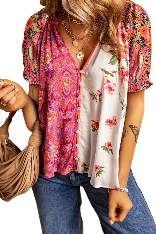 Women's Multicolour Boho Floral Patchwork Buttoned Short Sleeve Blouse