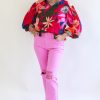 Women's Elegant Rose Blooming Flower Print Ruffled Puff Sleeve Blouse - Image 13