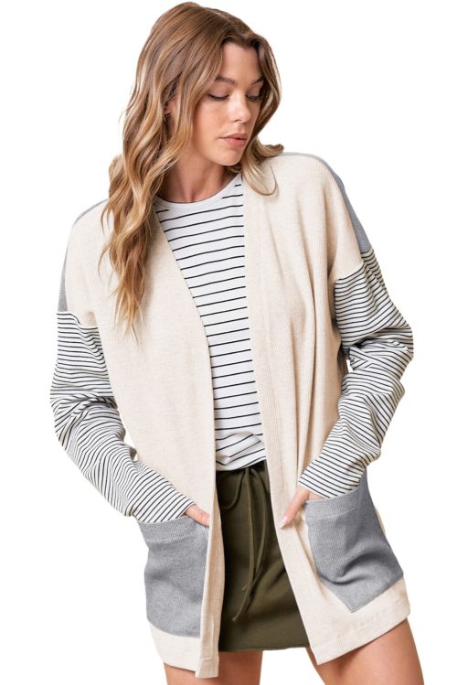 Women's Black Stripe Colorblock Patchwork Open Front Cardigan with Pockets