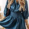 Prussian Blue 3/4 Sleeve Shirred High Waist Buttoned Mini Dress - Image 5