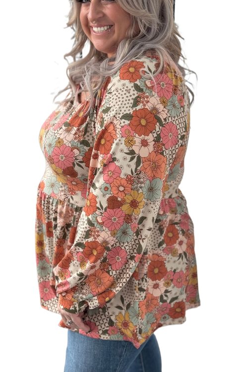 Plus Size Khaki Floral Square Neck Peplum Blouse