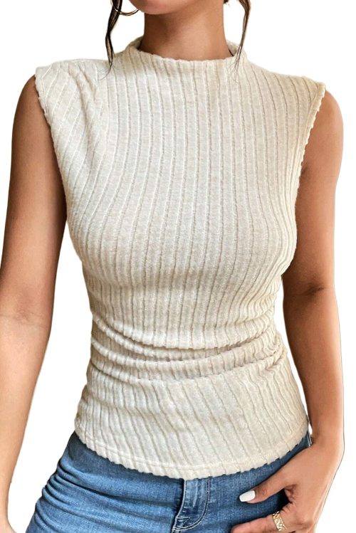 Women's Apricot Ribbed Knit Mock Neck Tank Top - Chic and Comfortable Casual Wear