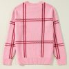 Women's Pink Plaid Pattern Knitted Drop Shoulder Sweater - Cozy and Stylish - Image 8