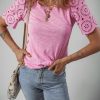 Women's Pink Eyelet Embroidery Scalloped Sleeve Round Neck T-Shirt - Image 5