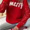 Women's Racing Red Merry Graphic Christmas Turtleneck Sweater with Sequin Sleeves - Image 2