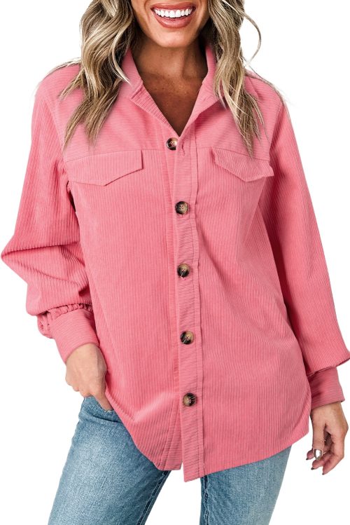 Women's Bonbon Pink Corduroy Flap Detail Button Up Split Shacket