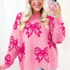 Women's Pink Bow Pattern Drop Shoulder Loose Fit Sweater - Cozy Winter Knit - Image 5