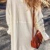 Women's Oversized White Waffle Knit Exposed Seam V Neck Top - Image 2