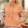 Women's Plus Size Khaki Aztec Patchwork Waffle Knit Hoodie with Drawstring - Image 5