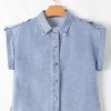 Women's Dusk Blue Denim Pinup Folded Cap Sleeve Shirt - Stylish Cropped Blouse - Image 14