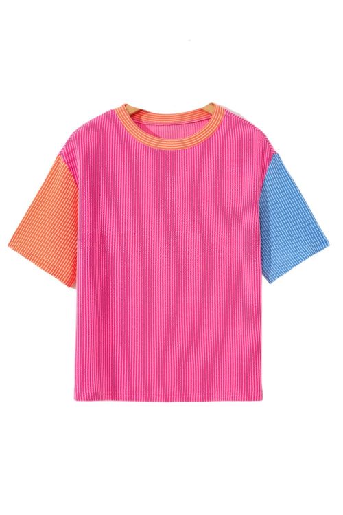 Women's Multicolour Corded Colorblock Crewneck Tee - Stylish and Cozy Casual Top