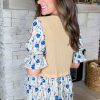 Women's Beige Waffle Floral Patchwork Peplum Blouse with Flounce Sleeves - Image 2