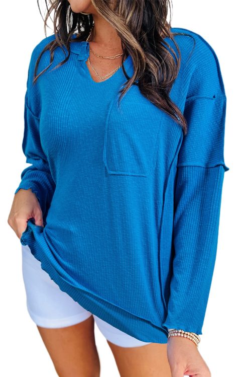 Women's Casual Blue Ribbed Long Sleeve Top with Exposed Seam Detail