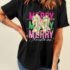 Women's Black Merry Christmas Brushwork Bow Printed Graphic T-Shirt - Image 7