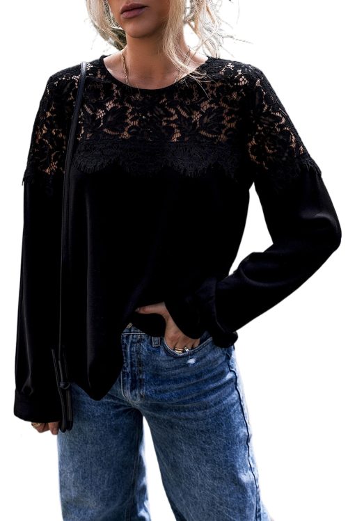 Women's Elegant Black Lace Crochet Patchwork O Neck Long Sleeve Top